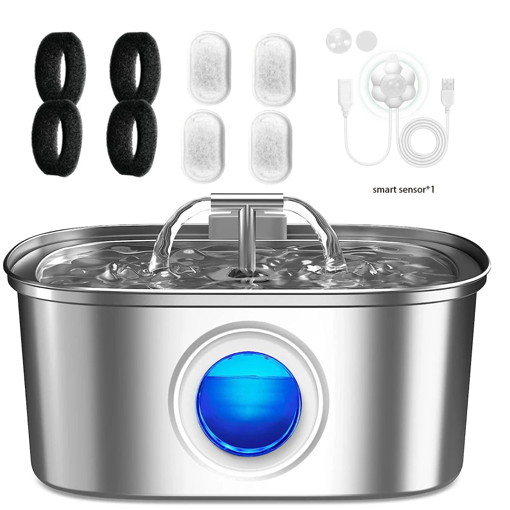 3.2L/108oz Automatic Cat Water Fountain Stainless Steel Square Dual Outlet Pet Water Feeder Cat and Dog Water Fountain Silent