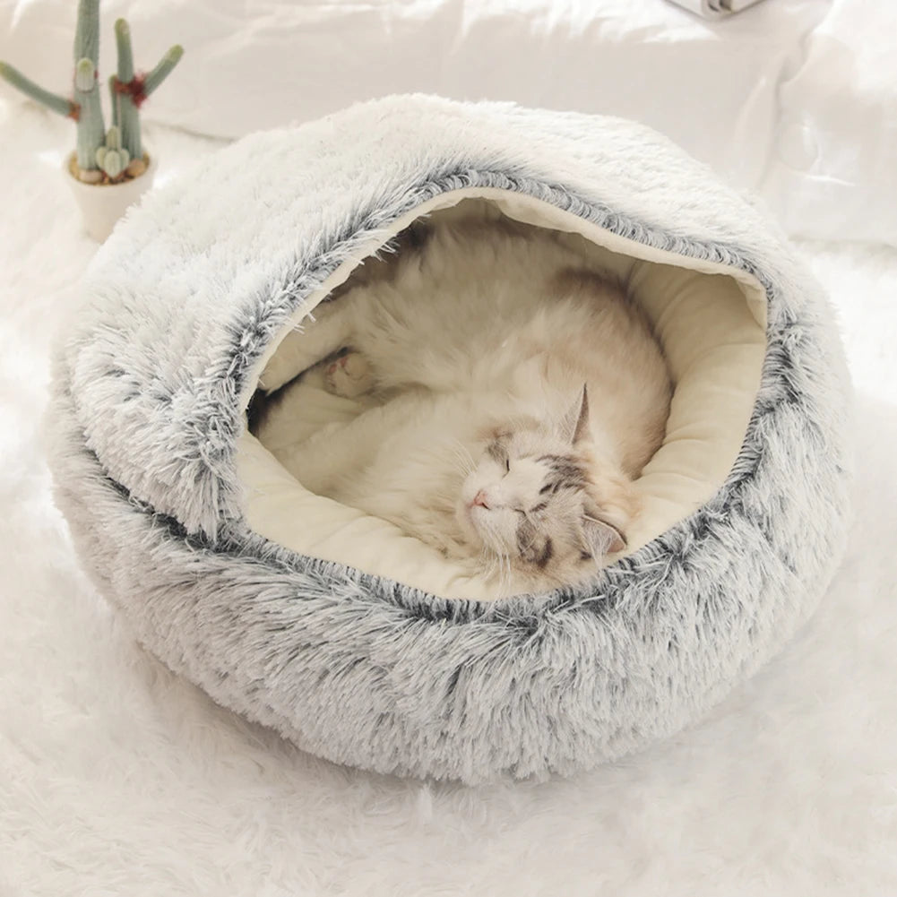 Fluffy Calming Pet Bed with Hooded Cover