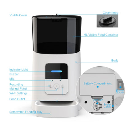 6L Automatic Cat Feeder,wi-fi Enabled Smart Pet Feeder for Cats and Dogs,auto Dog Food Dispenser Color Box White Bowls 1 Box 2kg