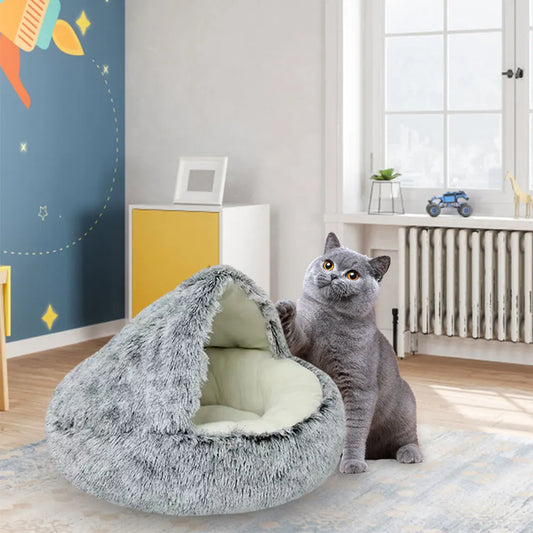 Fluffy Calming Pet Bed with Hooded Cover
